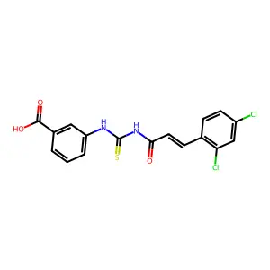 3-({[(2E)-3-(2,4-dichlorophenyl)prop-2-enoyl]carbamothioyl}amino)benzoic acid structure