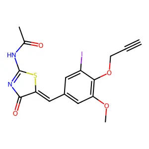 N-[(5Z)-5-[(3-iodo-5-methoxy-4-prop-2-ynoxyphenyl)methylidene]-4-oxo-1,3-thiazol-2-yl]acetamide structure