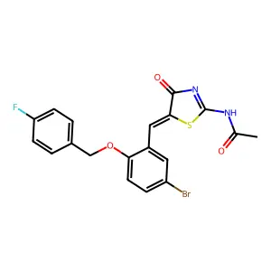 N-[(5Z)-5-[[5-bromo-2-[(4-fluorophenyl)methoxy]phenyl]methylidene]-4-oxo-1,3-thiazol-2-yl]acetamide structure