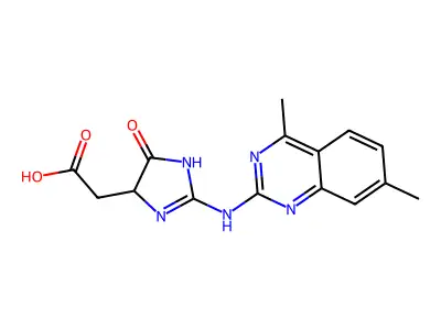 2-(2-((4,7-dimethylquinazolin-2-yl)amino)-5-oxo-4,5-dihydro-1H-imidazol-4-yl)acetic acid structure