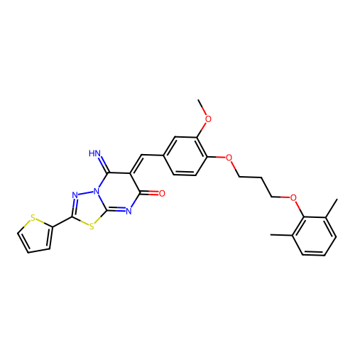 (6Z)-6-[[4-[3-(2,6-dimethylphenoxy)propoxy]-3-methoxyphenyl]methylidene]-5-imino-2-thiophen-2-yl-[1,3,4]thiadiazolo[3,2-a]pyrimidin-7-one structure