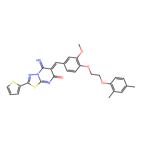 (6Z)-6-[[4-[2-(2,4-dimethylphenoxy)ethoxy]-3-methoxyphenyl]methylidene]-5-imino-2-thiophen-2-yl-[1,3,4]thiadiazolo[3,2-a]pyrimidin-7-one structure