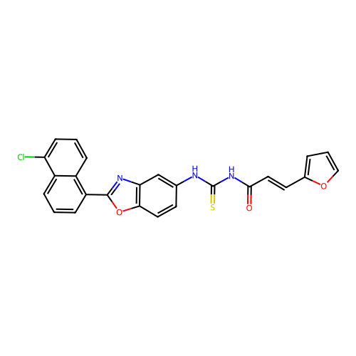 N-[[2-(5-chloronaphthalen-1-yl)benzooxazol-5-yl]thiocarbamoyl]-3-(2-furyl)prop-2-enamide structure