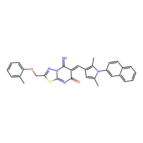 (Z)-6-((2,5-dimethyl-1-(naphthalen-2-yl)-1H-pyrrol-3-yl)methylene)-5-imino-2-((o-tolyloxy)methyl)-5H-[1,3,4]thiadiazolo[3,2-a]pyrimidin-7(6H)-one structure