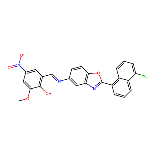 (6E)-6-[[[2-(5-chloronaphthalen-1-yl)-1,3-benzoxazol-5-yl]amino]methylidene]-2-methoxy-4-nitrocyclohexa-2,4-dien-1-one structure