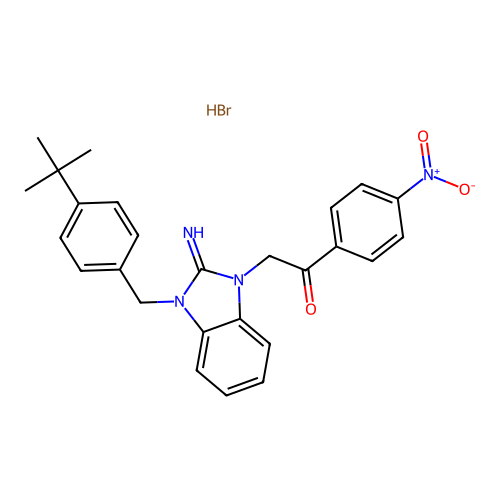 2-(3-(4-(tert-butyl)benzyl)-2-imino-2,3-dihydro-1H-benzo[d]imidazol-1-yl)-1-(4-nitrophenyl)ethanone hydrobromide structure