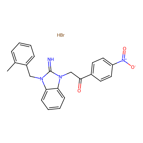 2-(2-imino-3-(2-methylbenzyl)-2,3-dihydro-1H-benzo[d]imidazol-1-yl)-1-(4-nitrophenyl)ethanone hydrobromide structure