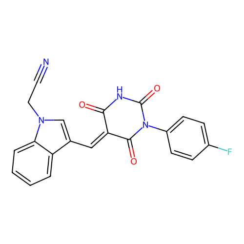 (3-{(E)-[1-(4-fluorophenyl)-4-hydroxy-2,6-dioxo-1,6-dihydropyrimidin-5(2H)-ylidene]methyl}-1H-indol-1-yl)acetonitrile structure