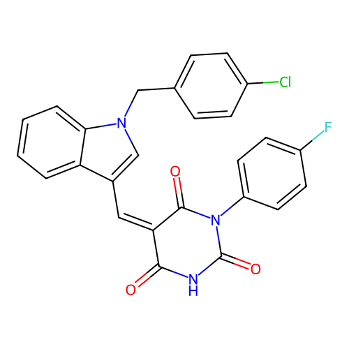 (5Z)-5-[[1-[(4-chlorophenyl)methyl]indol-3-yl]methylidene]-1-(4-fluorophenyl)-1,3-diazinane-2,4,6-trione structure