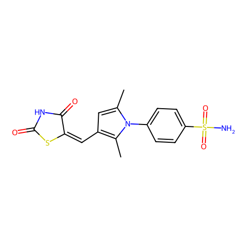 4-{3-[(E)-(2,4-dioxo-1,3-thiazolidin-5-ylidene)methyl]-2,5-dimethyl-1H-pyrrol-1-yl}benzenesulfonamide structure