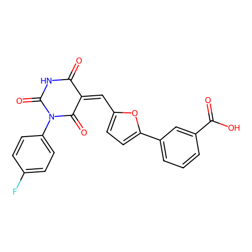 (Z)-3-(5-((1-(4-fluorophenyl)-2,4,6-trioxotetrahydropyrimidin-5(2H)-ylidene)methyl)furan-2-yl)benzoic acid structure