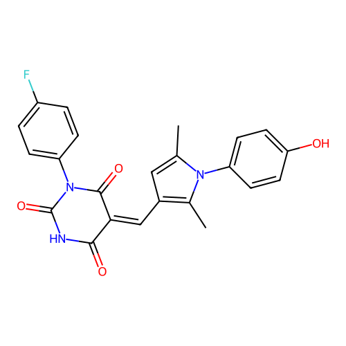 (5Z)-1-(4-fluorophenyl)-5-[[1-(4-hydroxyphenyl)-2,5-dimethylpyrrol-3-yl]methylidene]-1,3-diazinane-2,4,6-trione structure