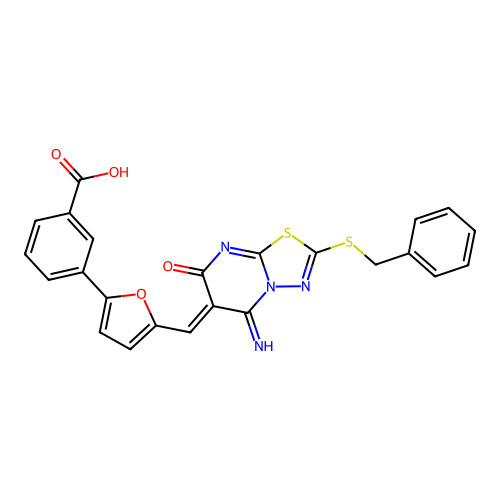 (Z)-3-(5-((2-(benzylthio)-5-imino-7-oxo-5H-[1,3,4]thiadiazolo[3,2-a]pyrimidin-6(7H)-ylidene)methyl)furan-2-yl)benzoic acid structure