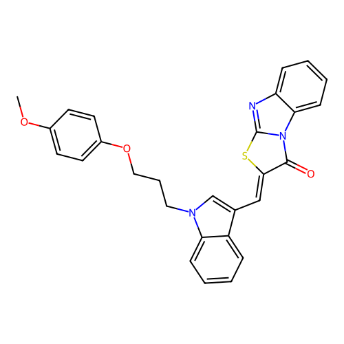 (Z)-2-((1-(3-(4-methoxyphenoxy)propyl)-1H-indol-3-yl)methylene)benzo[4,5]imidazo[2,1-b]thiazol-3(2H)-one structure