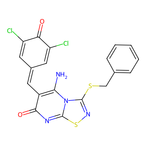 (6Z)-3-(benzylsulfanyl)-6-(3,5-dichloro-4-hydroxybenzylidene)-5-imino-5,6-dihydro-7H-[1,2,4]thiadiazolo[4,5-a]pyrimidin-7-one structure