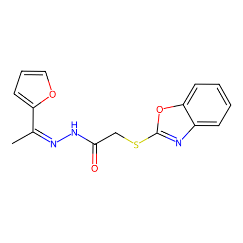 2-(1,3-benzoxazol-2-ylsulfanyl)-N'-[(1Z)-1-(furan-2-yl)ethylidene]acetohydrazide structure