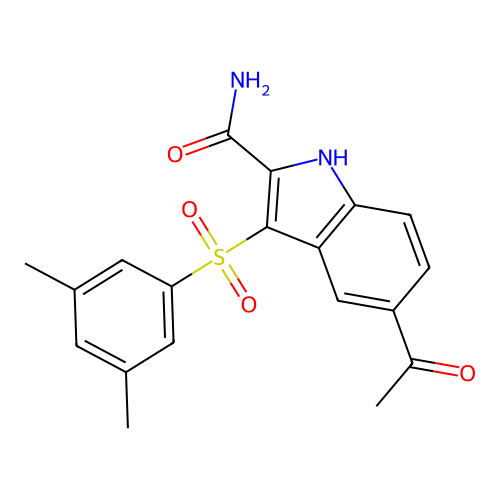 5-acetyl-3-(3,5-dimethylphenyl)sulfonyl-1H-indole-2-carboxamide structure