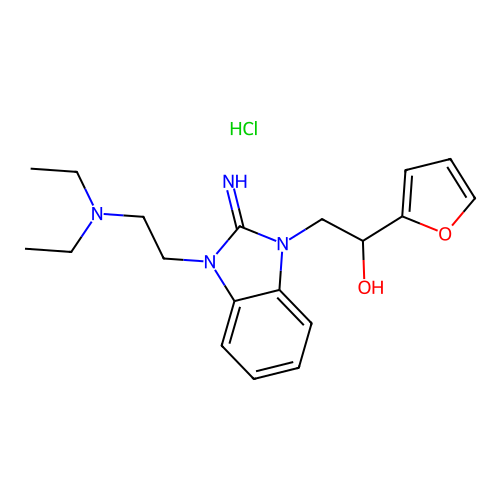 2-(3-(2-(diethylamino)ethyl)-2-imino-2,3-dihydro-1H-benzo[d]imidazol-1-yl)-1-(furan-2-yl)ethanol hydrochloride structure