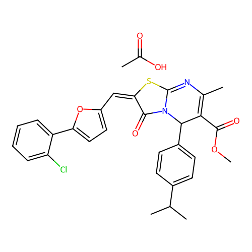 (E)-methyl 2-((5-(2-chlorophenyl)furan-2-yl)methylene)-5-(4-isopropylphenyl)-7-methyl-3-oxo-3,5-dihydro-2H-thiazolo[3,2-a]pyrimidine-6-carboxylate acetate structure
