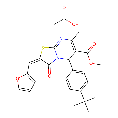 (E)-methyl 5-(4-(tert-butyl)phenyl)-2-(furan-2-ylmethylene)-7-methyl-3-oxo-3,5-dihydro-2H-thiazolo[3,2-a]pyrimidine-6-carboxylate acetate structure