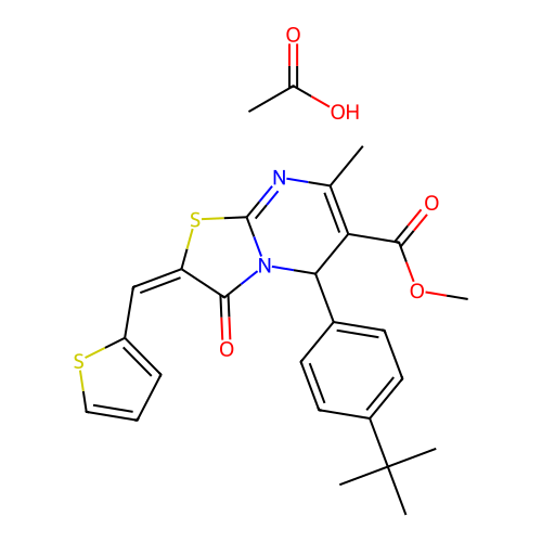 (E)-methyl 5-(4-(tert-butyl)phenyl)-7-methyl-3-oxo-2-(thiophen-2-ylmethylene)-3,5-dihydro-2H-thiazolo[3,2-a]pyrimidine-6-carboxylate acetate structure
