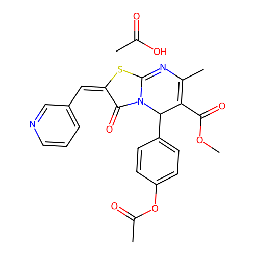 (E)-methyl 5-(4-acetoxyphenyl)-7-methyl-3-oxo-2-(pyridin-3-ylmethylene)-3,5-dihydro-2H-thiazolo[3,2-a]pyrimidine-6-carboxylate acetate structure