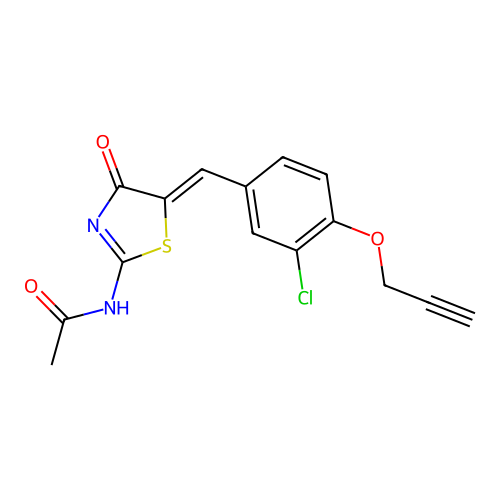 N-[(5Z)-5-[(3-chloro-4-prop-2-ynoxyphenyl)methylidene]-4-oxo-1,3-thiazol-2-yl]acetamide structure