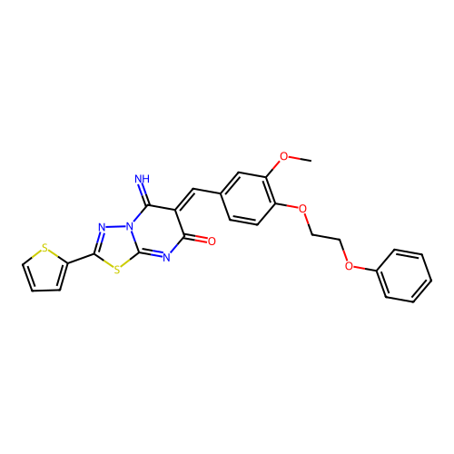 (6Z)-5-imino-6-[[3-methoxy-4-(2-phenoxyethoxy)phenyl]methylidene]-2-thiophen-2-yl-[1,3,4]thiadiazolo[3,2-a]pyrimidin-7-one structure