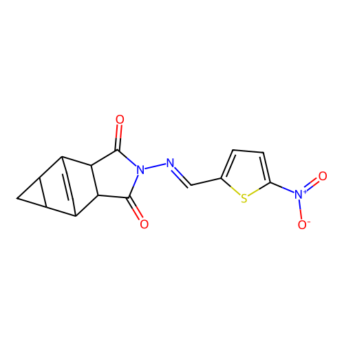 2-{[(E)-(5-nitrothiophen-2-yl)methylidene]amino}hexahydro-4,6-ethenocyclopropa[f]isoindole-1,3(2H,3aH)-dione structure