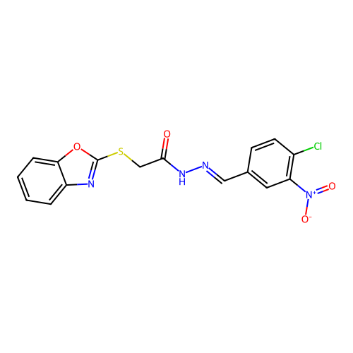 (E)-2-(benzo[d]oxazol-2-ylthio)-N'-(4-chloro-3-nitrobenzylidene)acetohydrazide structure