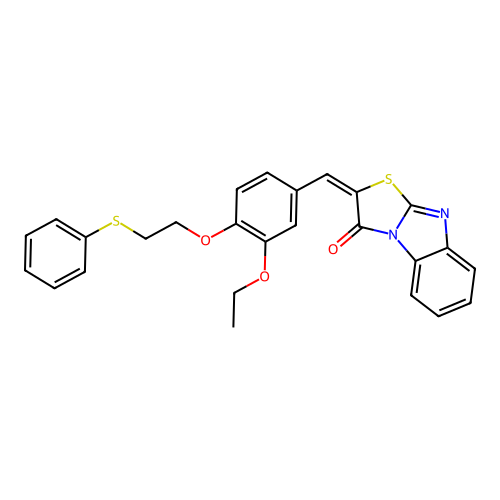 (E)-2-(3-ethoxy-4-(2-(phenylthio)ethoxy)benzylidene)benzo[4,5]imidazo[2,1-b]thiazol-3(2H)-one structure