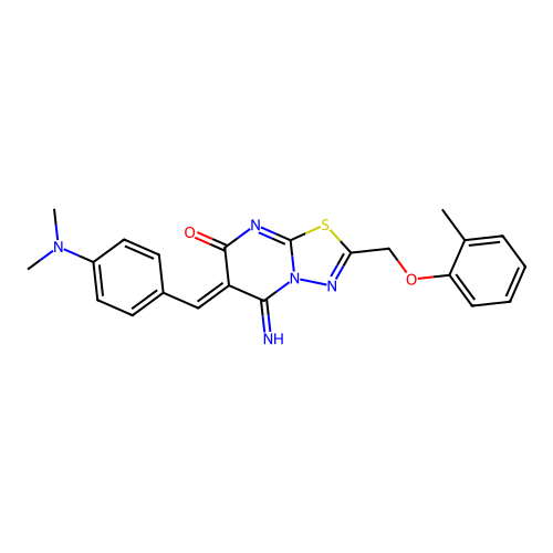 (6Z)-6-[(4-dimethylaminophenyl)methylidene]-5-imino-2-[(2-methylphenoxy)methyl]-[1,3,4]thiadiazolo[3,2-a]pyrimidin-7-one structure