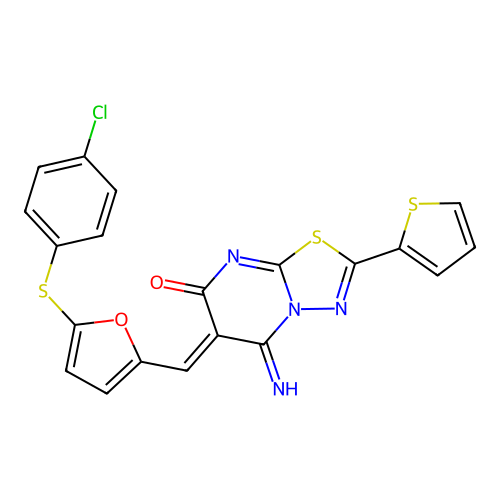 (6Z)-6-({5-[(4-chlorophenyl)sulfanyl]furan-2-yl}methylidene)-5-imino-2-(thiophen-2-yl)-5,6-dihydro-7H-[1,3,4]thiadiazolo[3,2-a]pyrimidin-7-one structure