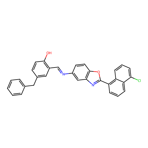 (E)-4-benzyl-2-(((2-(5-chloronaphthalen-1-yl)benzo[d]oxazol-5-yl)imino)methyl)phenol structure