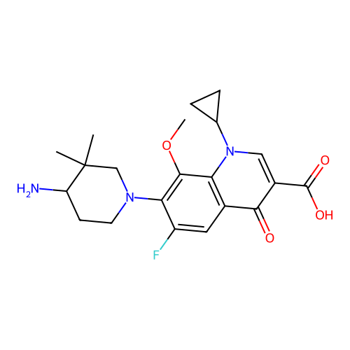 1-cyclopropyl-6-fluoro-1,4-dihydro-8-methoxy-7-(4-amino-3,3-dimethyl-1-piperidinyl)-4-oxo-quinoline-3-carboxylic acid structure