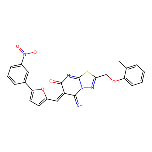 (6Z)-5-imino-2-[(2-methylphenoxy)methyl]-6-[[5-(3-nitrophenyl)furan-2-yl]methylidene]-[1,3,4]thiadiazolo[3,2-a]pyrimidin-7-one structure