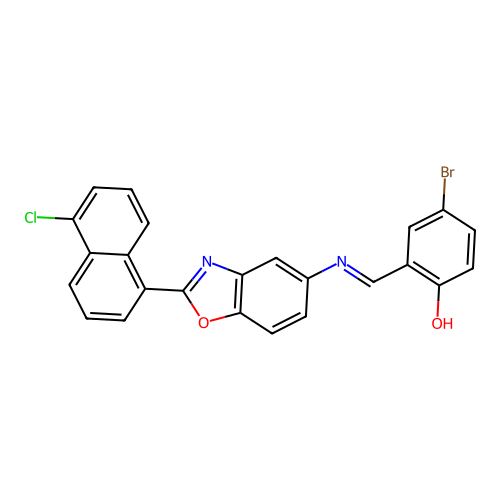 (E)-4-bromo-2-(((2-(5-chloronaphthalen-1-yl)benzo[d]oxazol-5-yl)imino)methyl)phenol structure