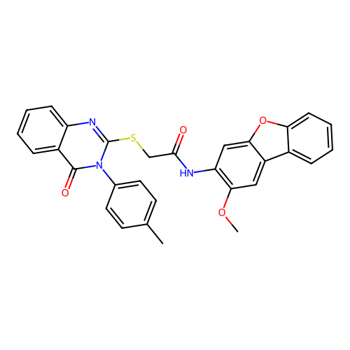 N-(2-methoxydibenzo[b,d]furan-3-yl)-2-((4-oxo-3-(p-tolyl)-3,4-dihydroquinazolin-2-yl)thio)acetamide structure