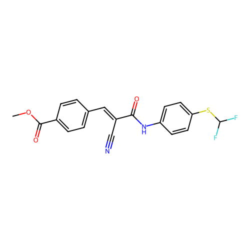 methyl 4-[(E)-2-cyano-3-[4-(difluoromethylsulfanyl)anilino]-3-oxoprop-1-enyl]benzoate structure