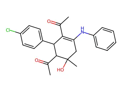 1-[3-acetyl-4-anilino-2-(4-chlorophenyl)-6-hydroxy-6-methylcyclohex-3-en-1-yl]ethanone structure