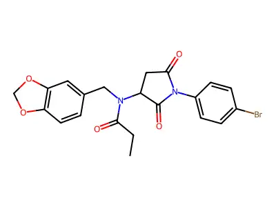 N-(1,3-benzodioxol-5-ylmethyl)-N-[1-(4-bromophenyl)-2,5-dioxopyrrolidin-3-yl]propanamide structure