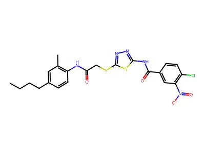 N-[5-[2-(4-butyl-2-methylanilino)-2-oxoethyl]sulfanyl-1,3,4-thiadiazol-2-yl]-4-chloro-3-nitrobenzamide structure