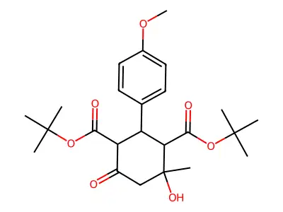 di-tert-butyl 4-hydroxy-2-(4-methoxyphenyl)-4-methyl-6-oxocyclohexane-1,3-dicarboxylate structure
