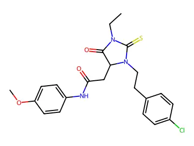 2-[3-[2-(4-chlorophenyl)ethyl]-1-ethyl-5-oxo-2-sulfanylideneimidazolidin-4-yl]-N-(4-methoxyphenyl)acetamide structure