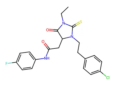 2-{3-[2-(4-chlorophenyl)ethyl]-1-ethyl-5-oxo-2-thioxoimidazolidin-4-yl}-N-(4-fluorophenyl)acetamide structure