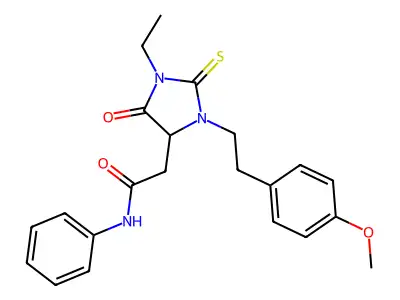 2-{1-ethyl-3-[2-(4-methoxyphenyl)ethyl]-5-oxo-2-thioxoimidazolidin-4-yl}-N-phenylacetamide structure