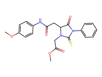 methyl (5-{2-[(4-methoxyphenyl)amino]-2-oxoethyl}-4-oxo-3-phenyl-2-thioxoimidazolidin-1-yl)acetate structure