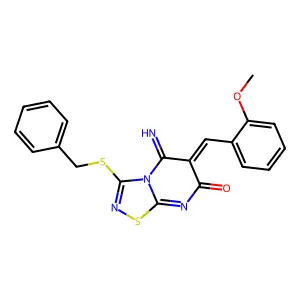 (6Z)-3-benzylsulfanyl-5-imino-6-[(2-methoxyphenyl)methylidene]-[1,2,4]thiadiazolo[4,5-a]pyrimidin-7-one structure