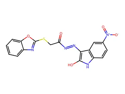 2-(1,3-BENZOXAZOL-2-YLSULFANYL)-N'-[(3Z)-5-NITRO-2-OXO-1,2-DIHYDRO-3H-INDOL-3-YLIDENE]ACETOHYDRAZIDE structure