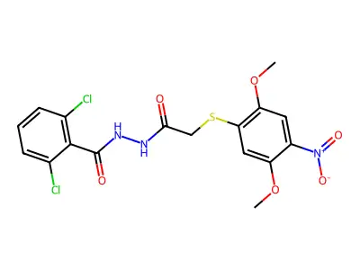 2,6-dichloro-N'-[2-(2,5-dimethoxy-4-nitrophenyl)sulfanylacetyl]benzohydrazide structure